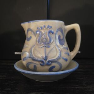 Handcrafted Ceramic Pitcher and Saucer Set - Blue and Gray